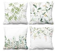 Aoihrraan 60x60cm Juego de 4 Hoja Verde Salvia De Primavera Fundas De Cojín Eucalipto Floral Acuarela Cuadrado Decorativo Corto Felpa Suave Funda De Almohada Sala De Estar Exterior Patio Jardín Sofá