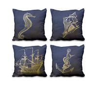 Aoihrraan 61x61cm Juego de 4 Animales del Océano Fundas De Cojín Náutico Barco Ancla Mar Caballo Concha Armada Y Oro Cuadrado Lino Funda De Almohada Decoración para Cama Sala De Estar Exterior Sofá