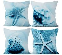 Aoihrraan 61x61cm Juego de 4 Mar Tema Fundas De Cojín Estrella De Mar Concha Conchas Navegación Oceano Impresión Cuadrado Lino Decorativo Funda De Almohada Dormitorio Interior Exterior Sofá Canapé
