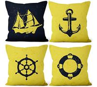 Aoihrraan 61x61cm Juego de 4 Náutico Navegación Fundas De Cojín Amarillo Ancla Timón Negro Navegación Embarcacion Lino Funda De Almohada Niño Dormitorio Sala De Estar Interior Exterior Sofá Canapé