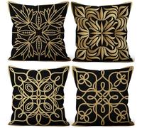 Aoihrraan Bohemian Fundas de Cojín Negro Dorado Moderno Geometría Artístico Líneas Sencillo Felpa Corta Fundas de Almohada para Dormitorio Sofá Sillón Silla Hogar Decoración 50x50cm Juego de 4