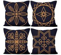 Aoihrraan Bohemian Fundas de Cojín Negro Dorado Moderno Geometría Mandala Líneas Arte Sencillo Felpa Corta Fundas de Almohada para Dormitorio Sofá Sillón Silla Hogar Decoración 40x40cm Juego de 4
