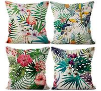 Aoihrraan Fundas de Cojín Pack de 4, 51x51cm Verano Hawaiano Flamenco Palmera Sale De Lanzar Cubiertas Cuadrado Almohada Caso, Lino Lanzar Fundas De Almohada con Cremallera Invisible por Sofá Coche
