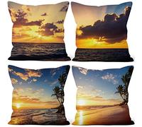 Aoihrraan Fundas de Cojines Juego de 4, Atardecer Resplandor Sea Junto Al Mar Playa Hawái Árbol Cuadrado Corto De Felpa Suave Funda De Almohada para Sofá Dormitorio Coche Decoración del Hogar 45x45cm