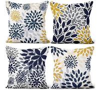 Aoihrraan Fundas de Cojines Juego de 4, Boho Floral Flor Azul Y Amarilla Cuadrado Corto De Felpa Suave Funda De Almohada para Sofá Dormitorio Silla Coche Decoración del Hogar 60x60cm