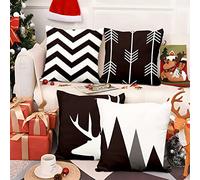 Aoihrraan Fundas de Cojines Juego de 4, Flecha De Ciervo Minimalista De Geometría En Blanco Y Negro Cuadrado Corto De Felpa Suave Funda De Almohada para Sofá Dormitorio Silla Coche del Hogar 40x40cm