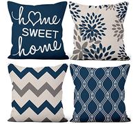 Aoihrraan Fundas de Cojines Juego de 4, Flor De Geometría Azul Y Gris Sweet Home Cuadrado Corto De Felpa Suave Funda De Almohada para Sofá Dormitorio Silla Coche Decoración del Hogar 40x40cm