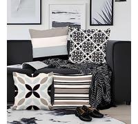 Aoihrraan Fundas de Cojines Juego de 4, Flor Geométrica Raya Floral Azul Negro Cuadrado Corto De Felpa Suave Funda De Almohada para Sofá Dormitorio Silla Coche Decoración del Hogar 40x40cm