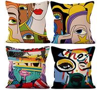 Aoihrraan Fundas de Cojines Juego de 4, Gracioso Graffiti Cara Mujer Multicolor con Ojos Cuadrado Corto De Felpa Suave Funda De Almohada para Sofá Dormitorio Silla Coche Decoración del Hogar 55x55cm