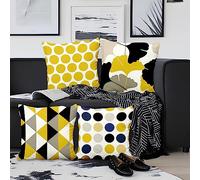 Aoihrraan Fundas de Cojines Juego de 4, Hoja De Arce De Punto Azul Negro Amarillo Minimalista Cuadrado Corto Felpa Suave Funda De Almohada Para Sofá Dormitorio Silla Coche Decoración Del Hogar 50x50cm