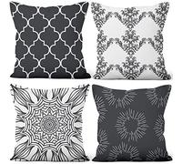 Aoihrraan Fundas de Cojines Juego de 4, Patrón Blanco Y Negro Boho Damasco Floral Cuadrado Corto De Felpa Suave Funda De Almohada para Sofá Dormitorio Silla Coche Decoración del Hogar 45x45cm