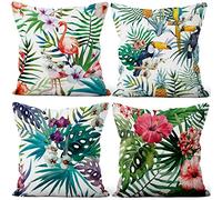 Aoihrraan Fundas de Cojines Juego de 4, Patrón De Flor De Hoja Flamenco De Verano Tropical Cuadrado Corto De Felpa Suave Funda De Almohada Para Sofá Dormitorio Silla Coche Decoración Del Hogar 50x50cm