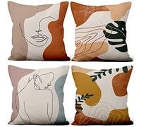 Aoihrraan Fundas de Cojines Juego de 4, Resumen Minimalista Hombre Cara Mujer Cuerpo Línea Hojas Cuadrado Corto De Felpa Suave Funda De Almohada para Sofá Dormitorio 60x60cm (Estilo Retro Desteñido)