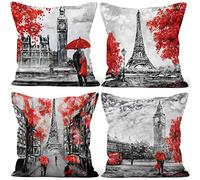 Aoihrraan Fundas de Cojines Juego de 4, Torre Eiffel Big Ben Patrón Rojo Romántico Árbol Paraguas Cuadrado Corto De Felpa Suave Funda De Almohada para Sofá Dormitorio Silla Coche del Hogar 45x45cm