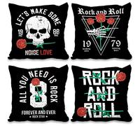 Aoihrraan Rock And Roll Fundas De Cojín 40x40cm Juego De 4, Negro Y Blanco Esqueletos Rojo Rosa Cuadrado Decorativo Corto Felpa Suave Funda De Almohada Cortijo Sala De Estar Dormitorio Cama Sofá Coche