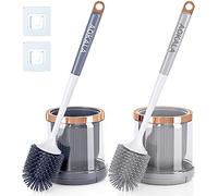 Aokala Elegante juego de escobilla de inodoro de silicona, 2 unidades de cepillo de inodoro y soporte con pinzas de mango largo, cepillo limpiador de inodoro para limpieza profunda de baño, accesorios