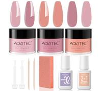 Aokitec Kit de 11 polvos para uñas, 3 colores con base para inmersión y pincel activador superior para polvo de uñas, pasos simples para un arte de uñas duradero, rosa claro y naranja rojizo
