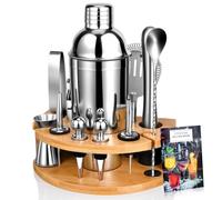 AOKITO Cocktail Set, Coctelera Profesional de Acero Inoxidable de 12 Piezas, Coctelera de 750 ml, Kit Cocktail de Barman con Soporte de Madera para El Hogar o El Bar