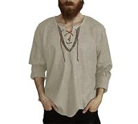 AOKODA Men Long Sleeve V-Neck Loose Leisure Shirts For Men Drawstring Medieval Shirt Men Comfortable Long Sleeve Pull Shirt B-Brown L