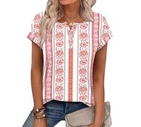 Aokosor Blusas de verano para mujer, con estampado floral, manga corta, cuello redondo, lindas blusas tipo túnica elegantes para Reino Unido 2026, Estampado rojo, XXL