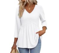 Aokosor Camisetas de manga 3/4 con cuello en V para mujer, blusas plisadas estilo babydoll del Reino Unido, elegantes, informales, túnicas peplum, Todo blanco., XXL