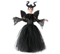 AOLIUP Disfraz de Malefica para Niña de Halloween: Reina Bruja Malvada Vestido Maléfica para Niños con Tocado de Cuernos y Capa de Alas Negras para Halloween Carnaval Cosplay Fiesta Traje (XL)