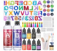AOLLEN Resina Epoxi Manualidades, 186 Pcs Kit Resina Epoxi con Letras Moldes de Silicona, Pigmento, Lentejuelas, Kit para Hacer Letras de Resina, Hacer Llavero