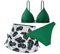 Aolso Bikini Niña 3 Piezas, Trajes de baño Hawaianos de Verano, Conjunto de Bikini para Niñas, Moda Ropa de Playa con Falda para Niña, Modernos y Hermosos para Niñas 9-13 Años (Verde)