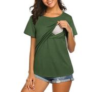 Aolso Camiseta de Maternidad para Mujer, Tops de Cuello Redondo, Superior de Nusring para Amamantar, Cremallera Oculta, Mangas Largas, Algodón de Maternidad, Verde A-XL