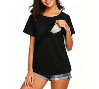 Aolso Camiseta de Maternidad para Mujer, Tops de Cuello Redondo Superior de Nusring para Amamantar, Cremallera Oculta, Mangas Largas, Algodón de Maternidad, Negro A-XL