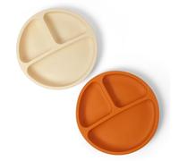 Aolso Plato de Silicona Con Ventosa Antideslizante,Pack 2 platos de Silicona para Bebé,Ventosa para Bebé Plato Antivuelco para Niños,BPA Free-Marrón rojizo/Beige