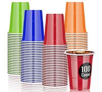 AOLUXLM 100Pcs Copas de Plástico,Tazas 25 Rojas + 25 Azules + 25 Verdes + 25 Naranjas 480ml /16OZ +10 Bolas de Incluir E-Book, Copa repetible Tazas Navidad Cumpleaños Boda