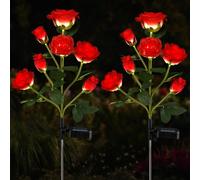 Aolyty 2 luces LED solares de rosa, 7 flores, luces de jardín impermeables, luces de camino al aire libre, adornos artificiales decorativos, luz nocturna para patio, patio trasero (Rojo)