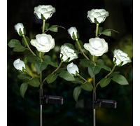 Aolyty Luces LED solares de rosas, 2 paquetes de luces de flores impermeables, lámpara de estaca de flores de rosa, luces de jardín al aire libre, adornos artificiales (Blanco)