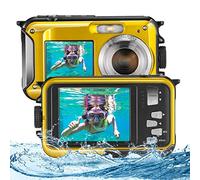 Aomdom Cámara Digital a Prueba de Agua, Full HD 2.7K 24MP Camara Acuatica Sumergible Zoom Digital 16X Camara Fotos Acuatica Niños Pantallas Duales antivibración para bucear con esnórque Giallo