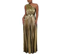 AOMEI - Vestido largo de lujo metálico con un hombro descubierto, sin mangas, elegante, plisado, para mujer