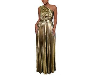 AOMEI Vestido Largo de Lujo metálico con un Hombro Descubierto, sin Mangas, Elegante, Plisado, para Mujer, Oro, M