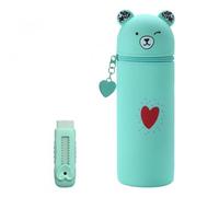 Aomhrek Set de Papelería Oso, Estuche de Silicona y Goma Extensible, Estuche Portatodo para Niños, Material Escolar (Verde)