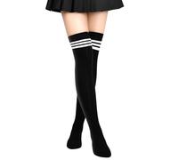 Aomig Calcetines Largos Mujer, Calcetines Altos Niña, Medias Rayas Blancas y Negras Niña, Casual Medias de Botas Largas para Chicas Mujeres Calcetines Navideños Delgado, Negro