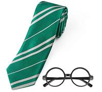 Aomig Corbata de Hombre y Mujer, 2pcs Set de Corbata a Rayas Unisex, Corbata Verde Niño de Mago, Accesorio Corbata Disfraz de Adultos y Niños para Mago College Cosplay (Verde)