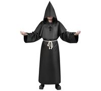 Aomig Disfraz de Monje Halloween, Disfraz de Sacerdote Medieval con Cruz y Capucha, Sacerdote Túnica Medieval Renacimiento Traje, Disfraz Halloween Adulto para Fiestas Carnaval, Negro-L