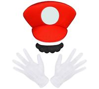 Aomig Disfraz Mario Classic y Luigi Bros - 3pcs Set de Accesorios con Guantes, Bigote y Gorra - Sombreros Rojo Disfraz Halloween Carnaval Navidad Cosplay de Hombre, Mujer, Adulto, Niños