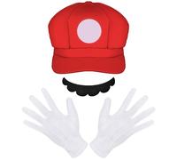Aomig Disfraz Mario y Luigi Bros, Set de Accesorios Classic con Guantes, Bigote y Gorra Verde, Sombreros para Halloween Carnaval Navidad Cosplay de Hombre, Mujer, Adulto, Niños
