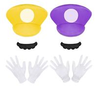 Aomig Disfraz Mario y Luigi Bros, Set de Accesorios Classic con Guantes, Bigote y Gorra Verde, Sombreros para Halloween Carnaval Navidad Cosplay de Hombre, Mujer, Adulto, Niños
