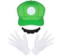 AOMIG Disfraz Mario y Luigi Bros, Set de Accesorios Con Guantes Blancos, Bigote y Gorra de Luigi, Sombreros Verde Para Halloween, Carnaval, Navidad, Cosplay de Hombre, Mujer, Adulto