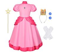 Aomig Disfraz Princesa Peach Niña, 5pcs Disfraz Peach Niña con Corona, Disfraz Princesa Niña para Cosplay de Peach, Disfraz Niña Halloween Carnaval Mascarada Día Ropa de Fiesta Juego de Rol, 140cm