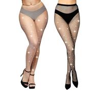 Aomig Medias Rejilla Mujer, 2 Pcs Con Diamantes de Cintura Alta, Malla Pantimedias Elástico, Sexy Brillantes para Club Nocturno Fiesta Disco Bar, Diamante Claro