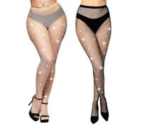 Aomig Medias Rejilla Mujer, 2 Pcs Medias de Rejilla con Diamantes de Cintura Alta, Medias Malla Pantimedias Elástico, Medias Mujer Sexy Brillantes para Club Nocturno Disco Bar, Diamante Colores