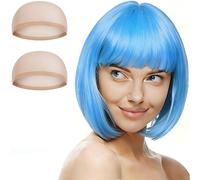 Aomig Peluca Azul Cielo, 3pcs Recta Corta Peluca de Anime Cosplay con Redecilla Pelo, Pelucas Corto Bob con Flequillo de Sintética, Pelucas de Color Neón para Halloween Carnaval de Mujer y Niñas