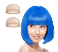 Aomig Peluca Azul Claro, 3pcs Recta Corta Peluca de Anime Cosplay con Redecilla Pelo, Pelucas Corto Bob con Flequillo de Sintética, Pelucas de Color Neón para Halloween Carnaval de Mujer y Niñas